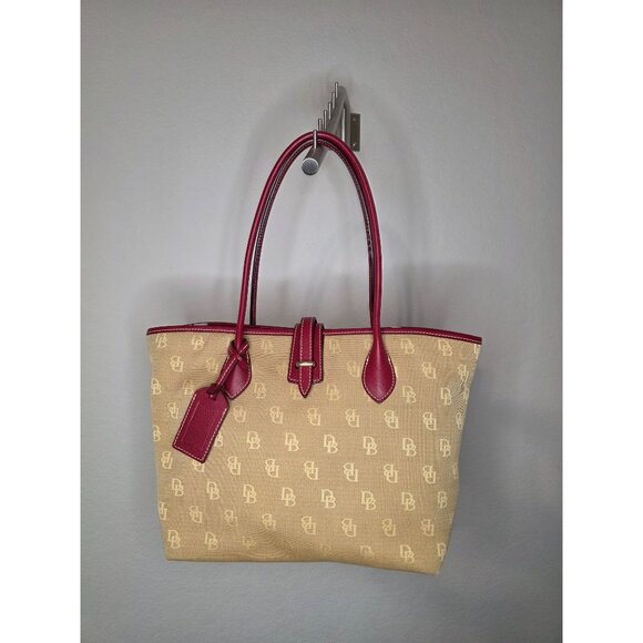 Dooney & Bourke DB Canvas Tote Bag Beige Red Leather Trim Medium - Picture 1 of 9